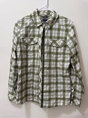 REI Olive Green and White Plaid Button-Front Shirt